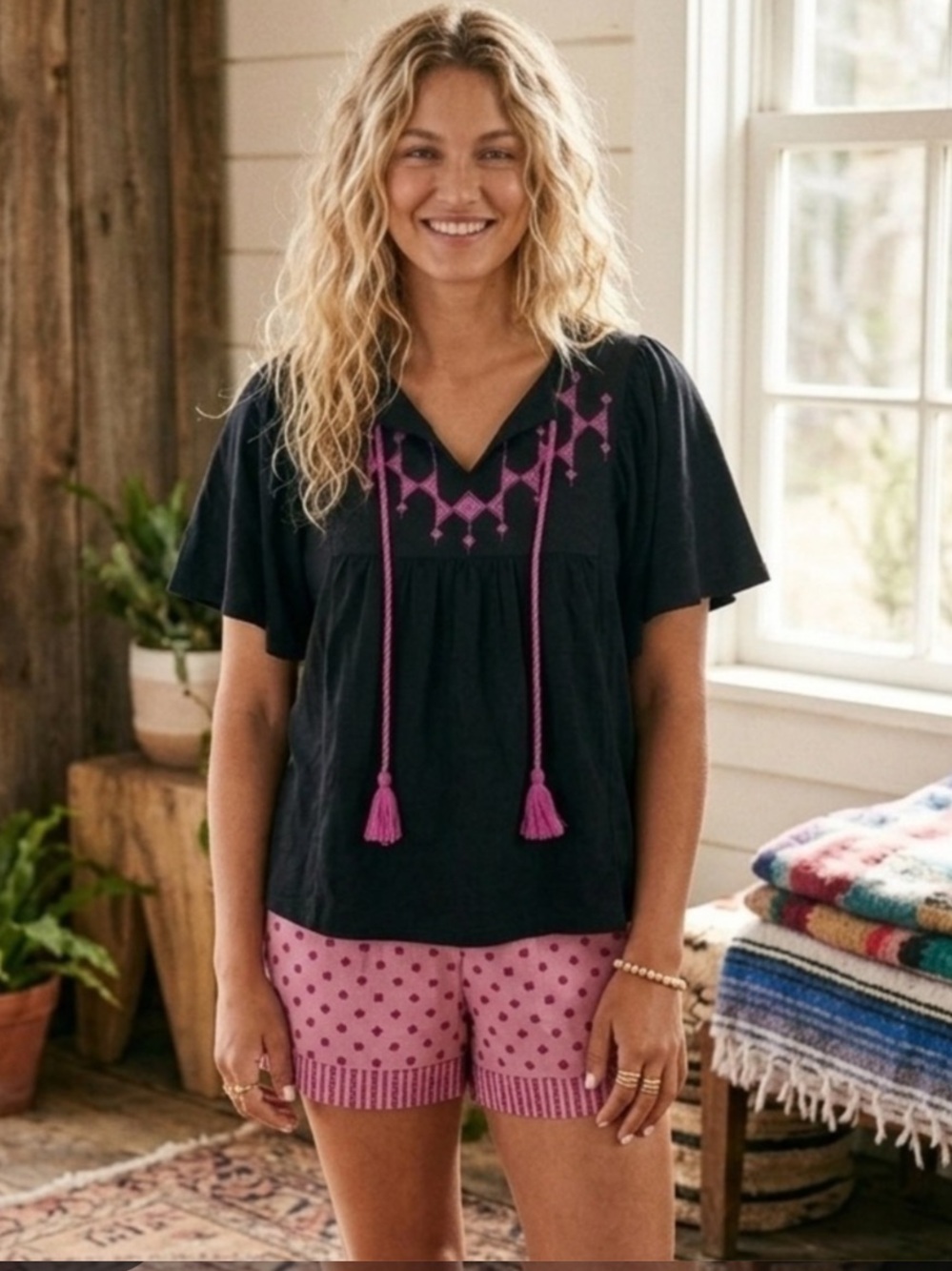 Knox Rose Black Tunic with Fuchsia Geometric Embroidery